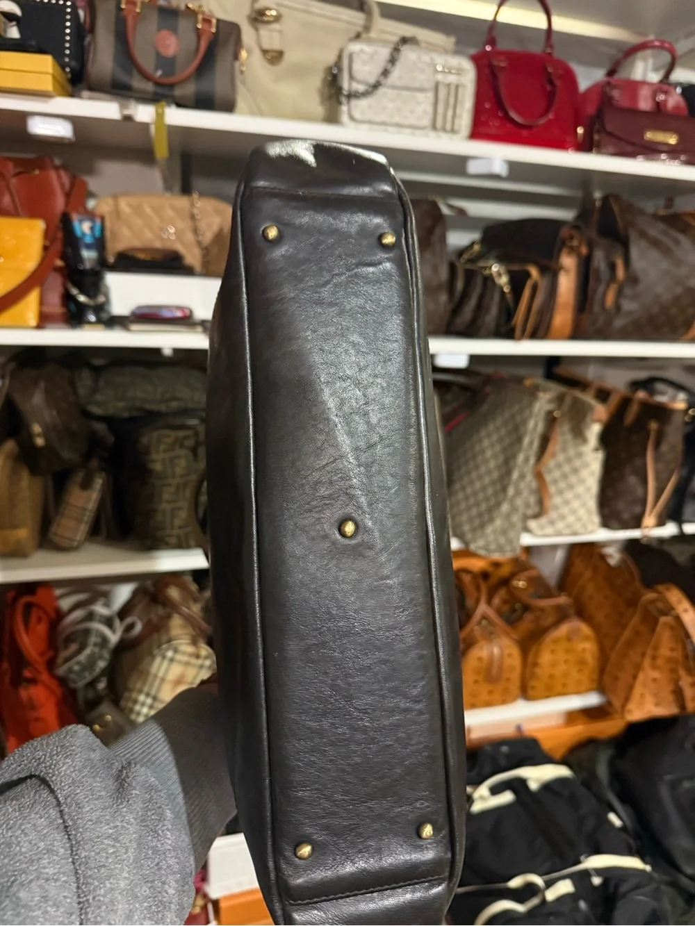MCM Men's Black Leather Bag with Brown Stripe Handles
